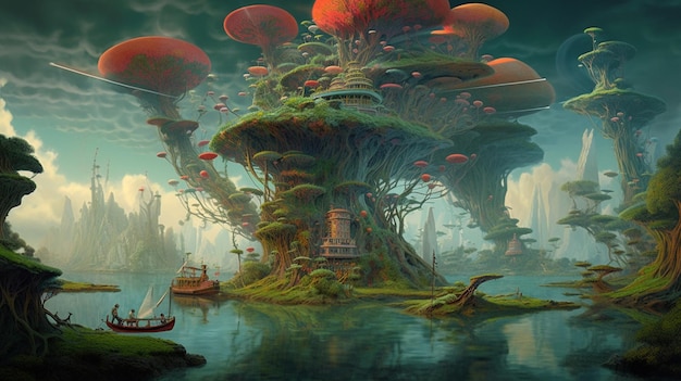 Een schilderij van een paddenstoeleneiland met een bootje in het water.