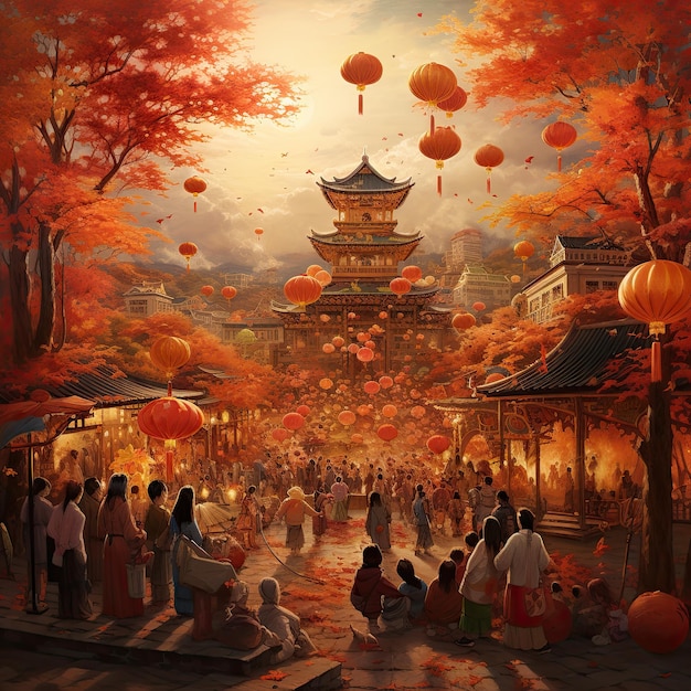 Een schilderij van een pagode met Japanse lantaarns op de achtergrond.