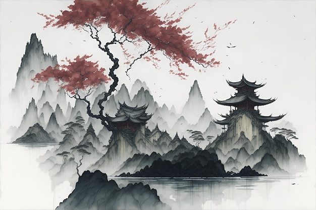 Een schilderij van een pagode op een berg met een berg op de achtergrond