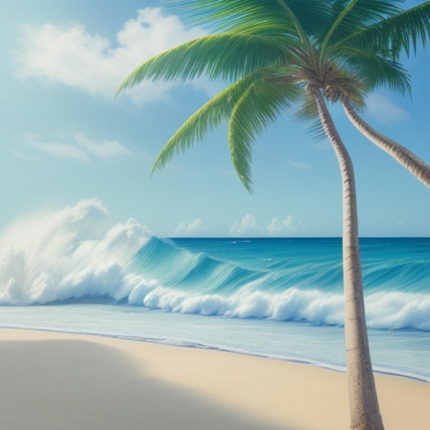 een schilderij van een palmboom op een strand met de oceaan op de achtergrond