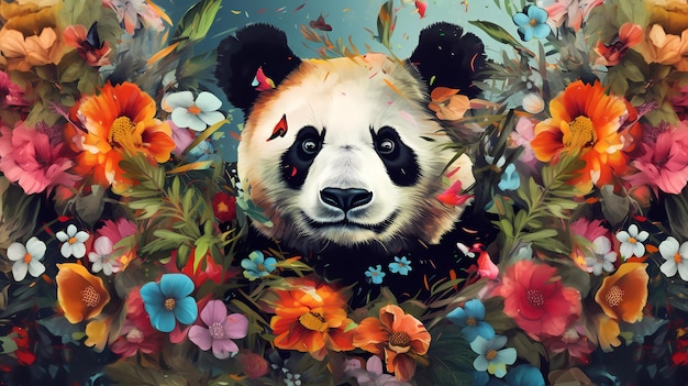 Een schilderij van een panda met bloemen erop