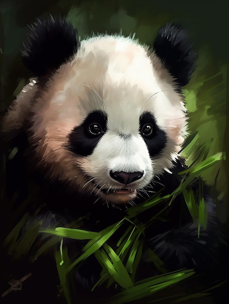 Een schilderij van een pandabeer in een bamboebos.