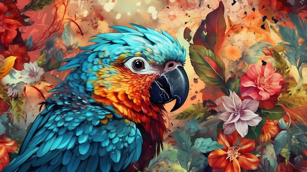 Een schilderij van een papegaai met bloemen op de achtergrond