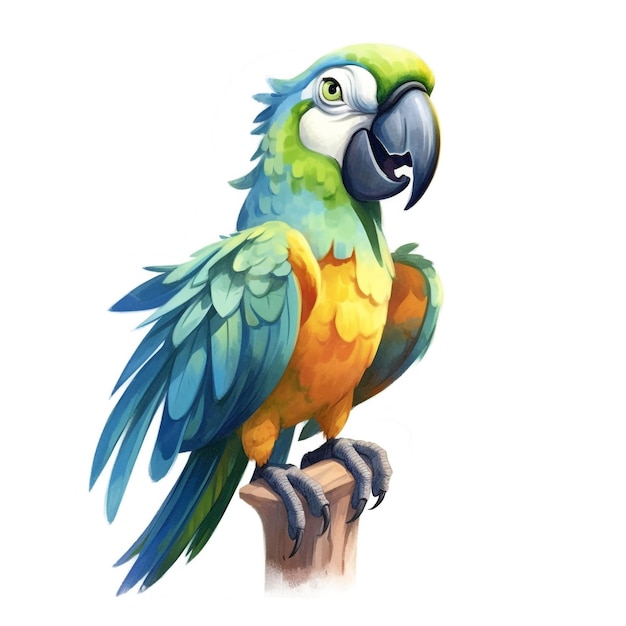 Een schilderij van een papegaai met gele veren en blauwe vleugels