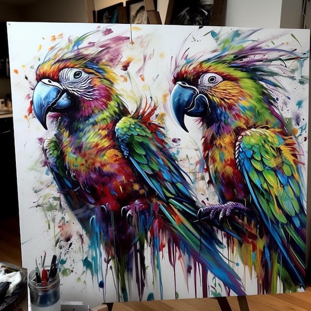 Een schilderij van een papegaai met kleurrijke veren erop