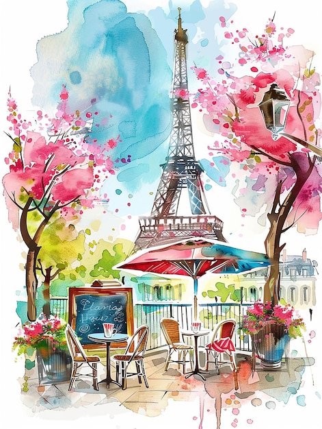 Een schilderij van een Parijse café met een grote Eiffeltoren op de achtergrond Het café is gevuld met tafels en stoelen en er zijn paraplu's die schaduw bieden Het toneel is levendig en uitnodigend