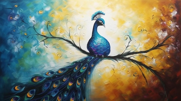 Een schilderij van een pauw met een blauwe staart en gele en blauwe veren.