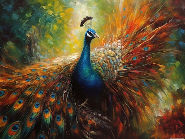 Een schilderij van een pauw met een blauwe staart.