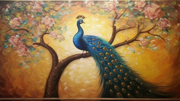 Een schilderij van een pauw op een boomtak