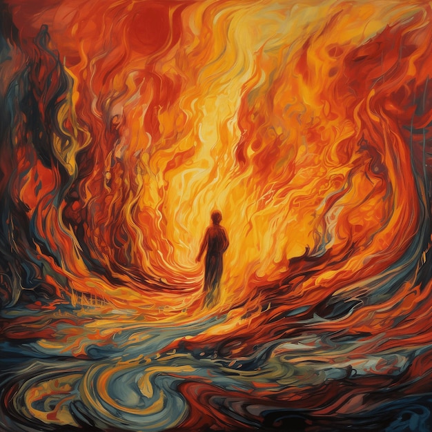 Een schilderij van een persoon die voor een vuur loopt met de woorden "vuur" op de bodem.
