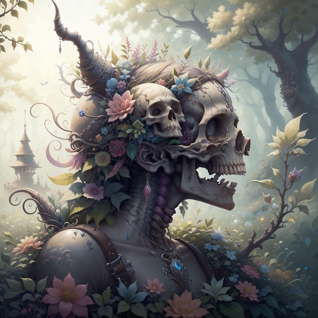 Een schilderij van een persoon met schedels en bloemen op hun hoofd