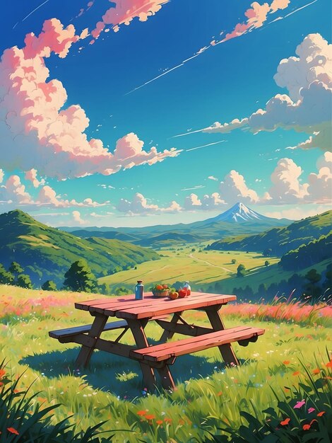 een schilderij van een picknicktafel en een uitzicht op een berg