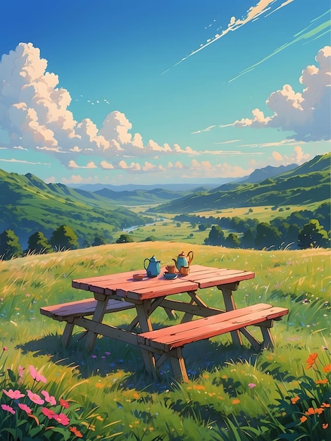 een schilderij van een picknicktafel met een uitzicht op een vallei en bergen op de achtergrond