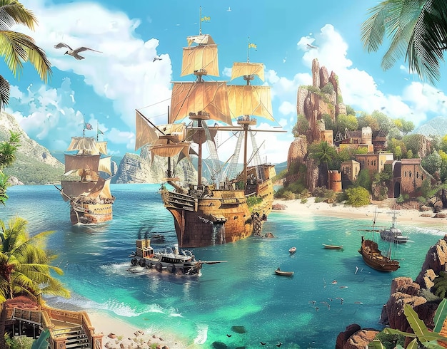 een schilderij van een piratenschip in de oceaan met een palmboom op de achtergrond