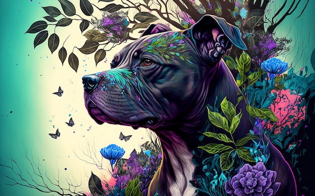 Een schilderij van een pitbullhond met een boom op de achtergrond