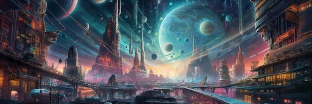 Een schilderij van een planeet met een blauwe planeet op de achtergrond