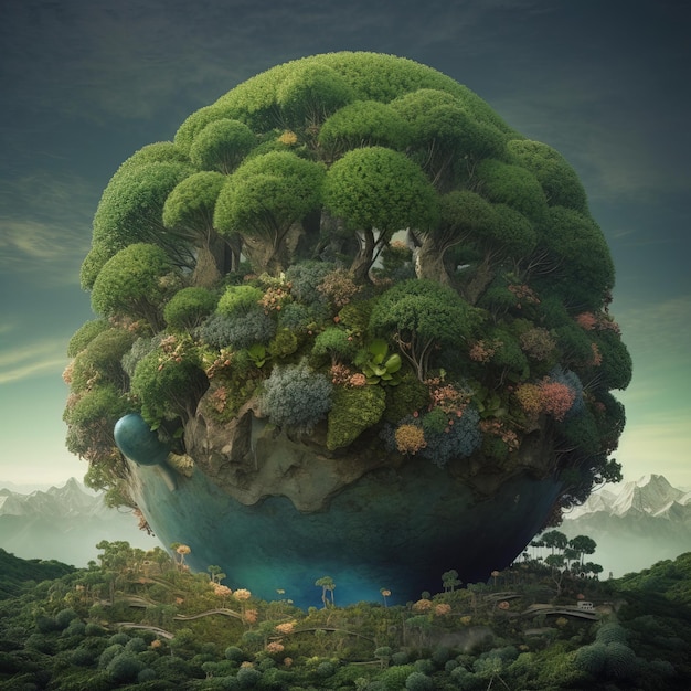 Een schilderij van een planeet met een bos erop