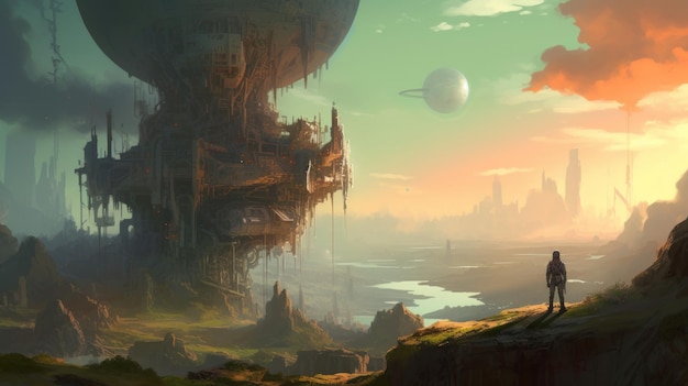 Een schilderij van een planeet met een gigantisch schip op de achtergrond
