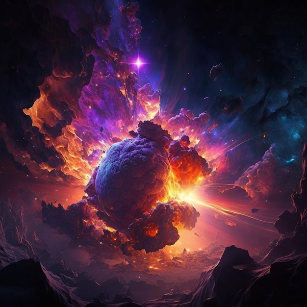 Een schilderij van een planeet met een grote vuurbal en paarse en oranje lichten.