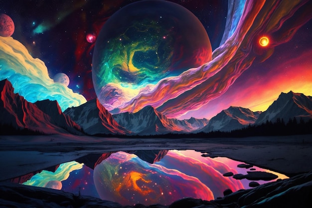 Een schilderij van een planeet met een kleurrijke achtergrond