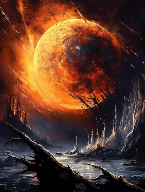 Een schilderij van een planeet met een rode maan op de achtergrond.