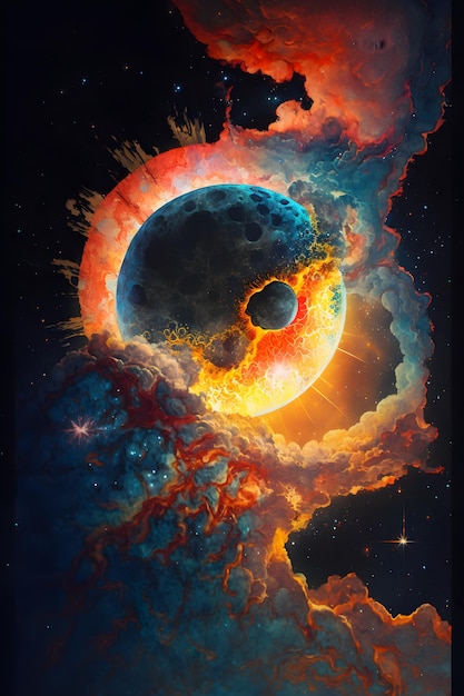 Een schilderij van een planeet met een wolk en het woord vuur erop.