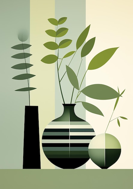 Foto een schilderij van een plant en een vaas met de woorden 