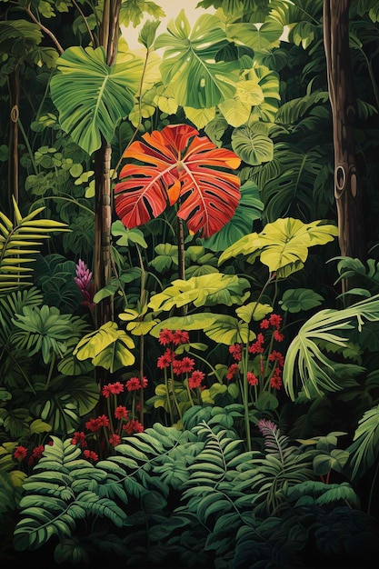 Foto een schilderij van een plant met een grote oranje bloem in het midden
