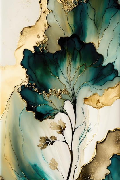 Een schilderij van een plant met goud en blauwe kleuren.