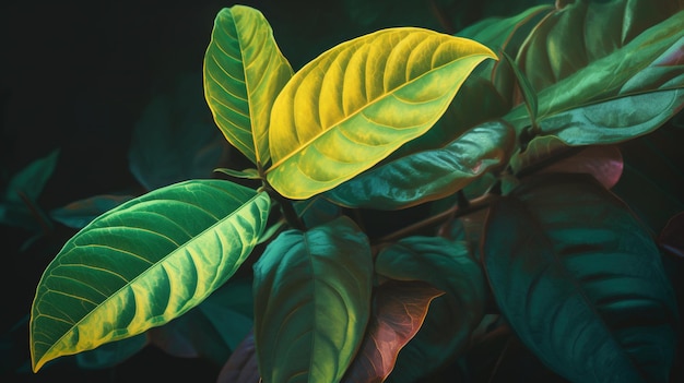 Een schilderij van een plant met groene bladeren en gele bladeren.