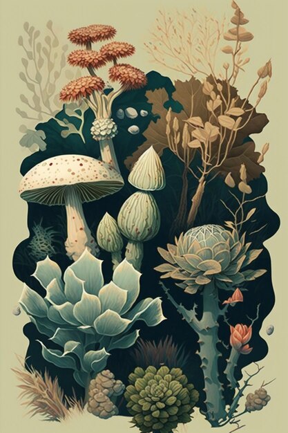 Een schilderij van een plant met paddenstoelen en een paddenstoel erop.