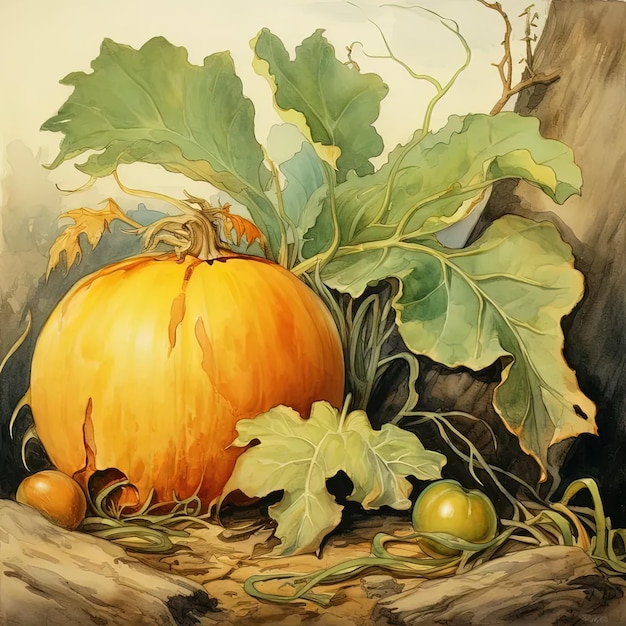 Foto een schilderij van een pompoen en andere groenten