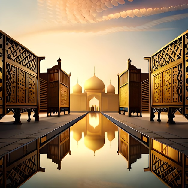 Een schilderij van een poort met een weerspiegeling van een moskee in het water.