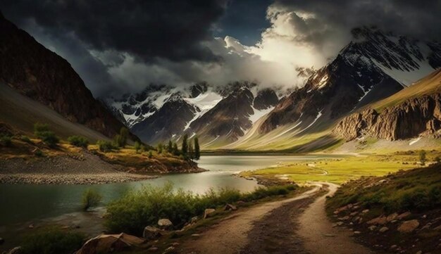 Een schilderij van een prachtig landschap met een bewolkt weer op de achtergrond