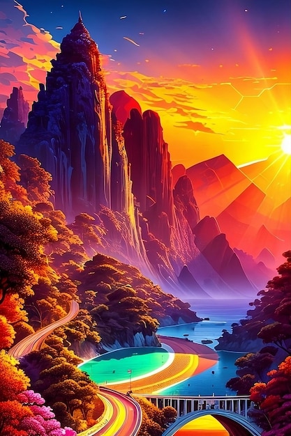 een schilderij van een prachtige zonsondergang boven een rivier ai gegenereerde afbeeldingen