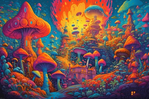 een schilderij van een psychedelisch landschap met paddenstoelen en huizen generatieve ai