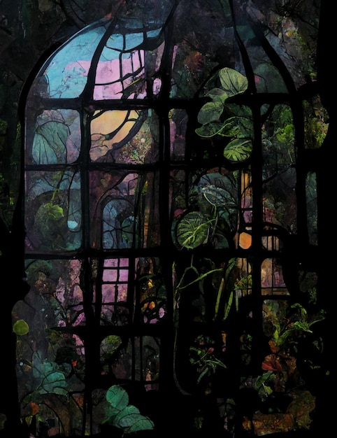 Een schilderij van een raam met een plant in het midden.