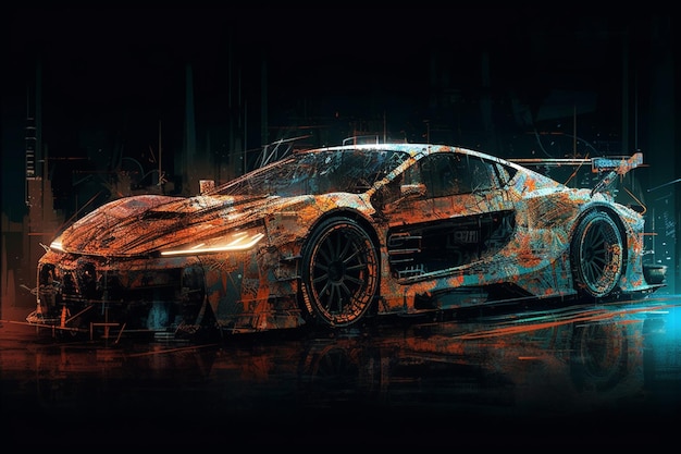 Een schilderij van een raceauto met het woord lamborghini erop.