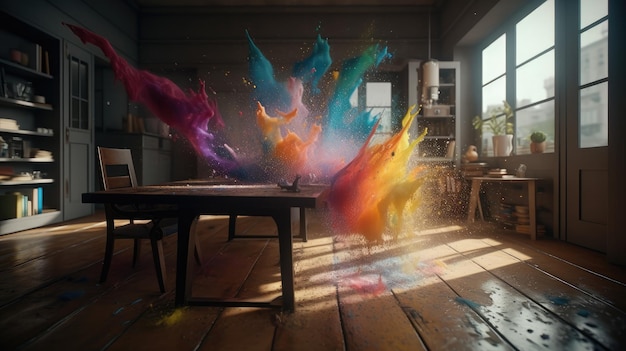 Een schilderij van een regenboog in een woonkamer