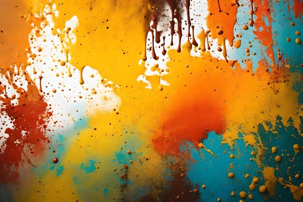 een schilderij van een regenboogkleurige vloeistof met oranje en blauwe kleuren.