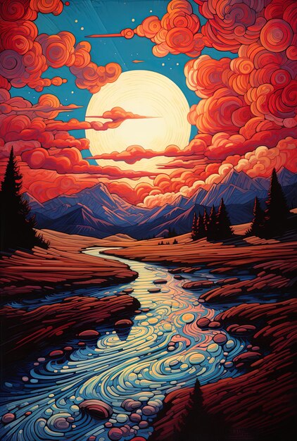 een schilderij van een rivier en bergen met een maan in de lucht