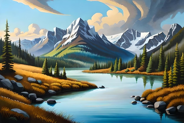 Een schilderij van een rivier en bergen met een rivier op de achtergrond.