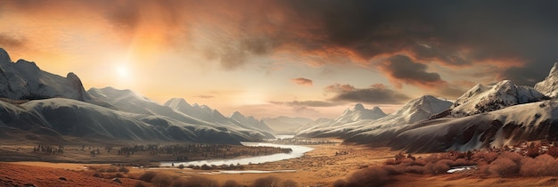 Een schilderij van een rivier en bergen met een zonsondergang op de achtergrond.
