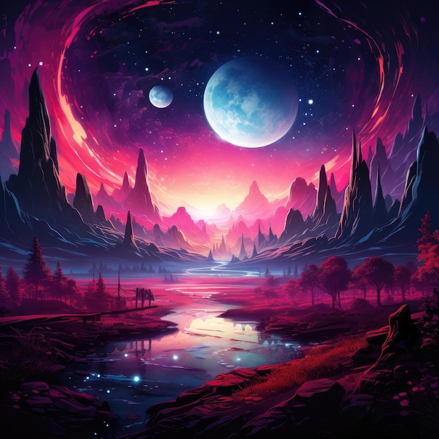 een schilderij van een rivier met bergen en een meer met een volle maan op de achtergrond.