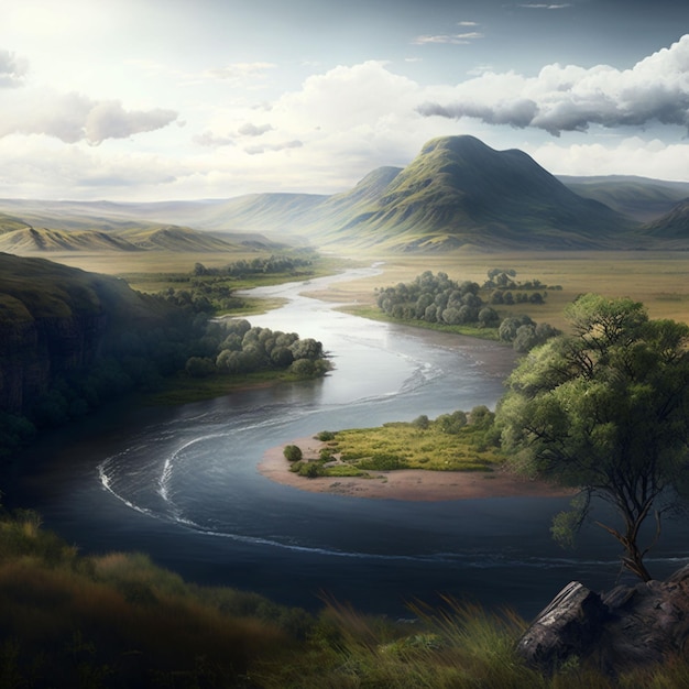 Een schilderij van een rivier met bergen op de achtergrond
