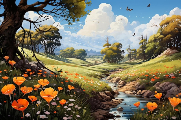 een schilderij van een rivier met bloemen en een rivier met een vogel die in de lucht vliegt
