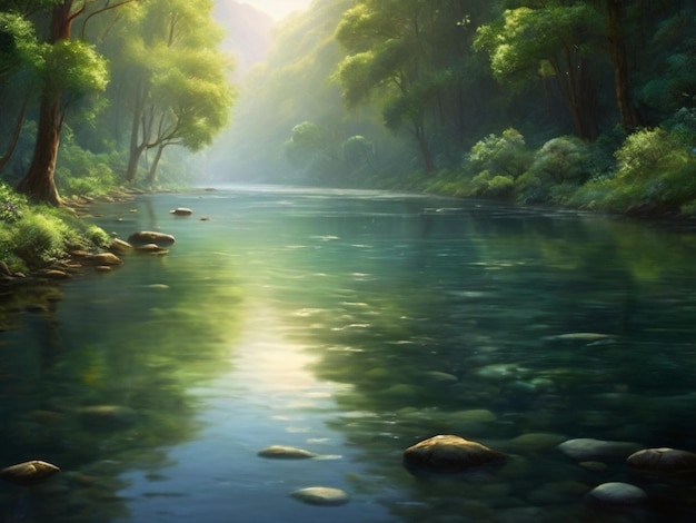 een schilderij van een rivier met bomen en de zon schijnt door de bomen