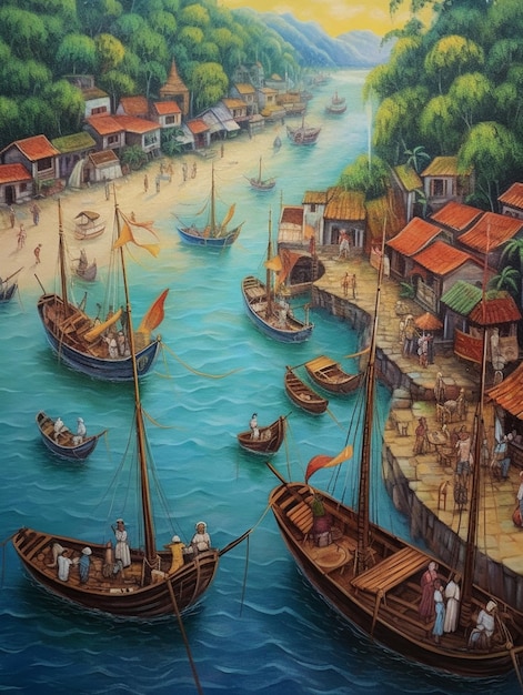 Een schilderij van een rivier met boten en mensen erop