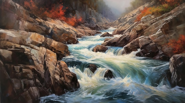 Een schilderij van een rivier met een berg op de achtergrond.