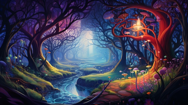 een schilderij van een rivier met een boom en een teken dat het woord zegt